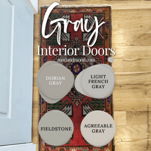 Graphic reads "Gray interior Doors" over a photo of a rug laying at the foot of a gray door with 4 swatches of color laid over top. Colors are Dorian Gray, Light French Gray, Fieldstone, and Agreeable Gray.