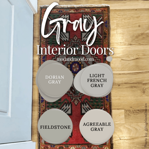 Graphic reads "Gray interior Doors" over a photo of a rug laying at the foot of a gray door with 4 swatches of color laid over top. Colors are Dorian Gray, Light French Gray, Fieldstone, and Agreeable Gray.