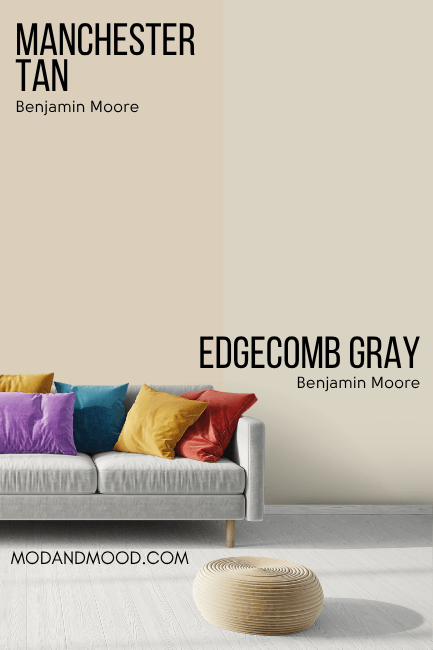 Benjamin Moore Manchester Tan and Edgecomb Gray each on half of a wall behind a gray velvet sofa.