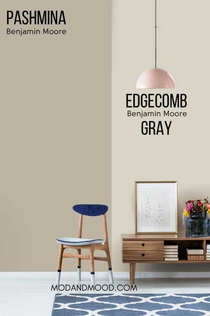 Benjamin Moore Pashmina on half of a wall and Edgecomb Gray on the other half.