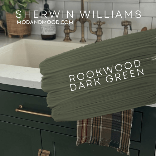 Swatch of Rookwood Dark Green over a photo of the color on cabinets below a sink.