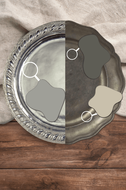 A tarnished and untarnished pewter dish over a wood and linen background, with zoomed in pieces that show the underlying color of the pewter.