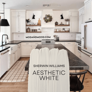 Sherwin Williams Aesthetic White color palette features Carnelian, Taiga, Marshmallow, and Perfect greige over a background of the color in a kitchen.