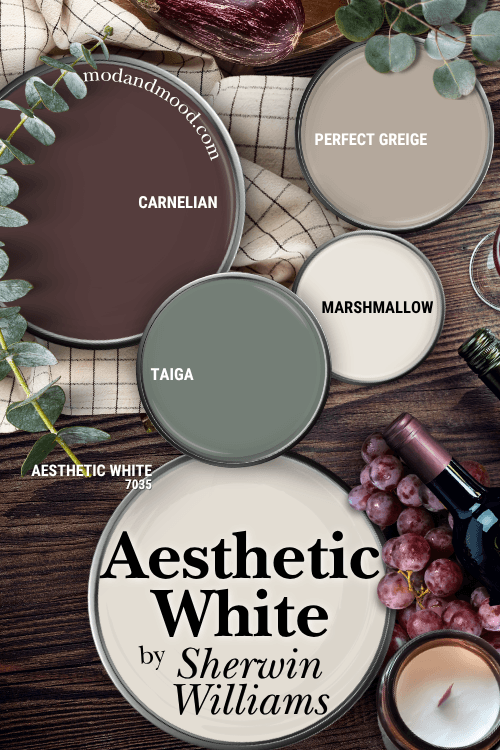 Sherwin Williams Aesthetic White color palette features Carnelian, Taiga, Marshmallow, and Perfect greige over a wood background with wine, grapes, and aubergine.