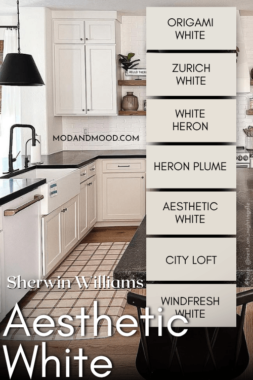 Sherwin Williams official color strip for Aesthetic White. Colors are Origami White, Zurich White, white Heron, Heron Plume, Aesthetic White, City Loft, and Windfresh White, over a background of Aesthetic White in a kitchen.