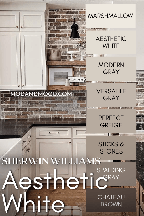 Sherwin Williams Aesthetic White color strip features shades from light to dark: Marshmallow, Aesthetic White, Modern Gray, Versatile Gray, Perfect Greige, sticks and stones, spalding gray, and chateau brown.