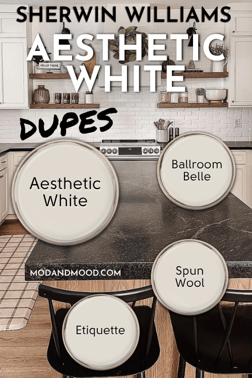 Sherwin Williams Aesthetic White swatched with dupes Ballroom Belle, Spun wool, and Etiquette, over a background of the color on kitchen cabinets.