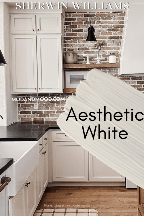 Sherwin Williams Aesthetic White swatched over a photo of the color on kitchen cabinets.
