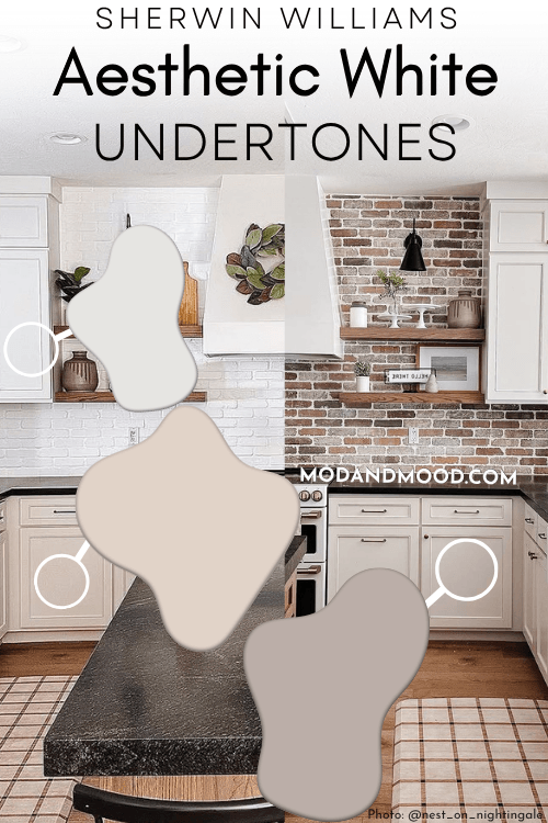 Sherwin Williams Aesthetic White on cabinets with diferent undertones zoomed in.