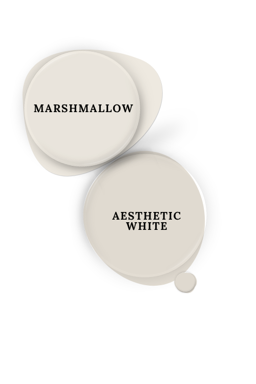 Sherwin Williams Aesthetic White swatched as a paint dot beside the same of coordinating color Marshmallow
