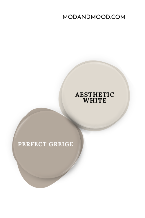 Sherwin Williams Aesthetic White swatched as a paint dot beside the same of coordinating color Perfect Greige