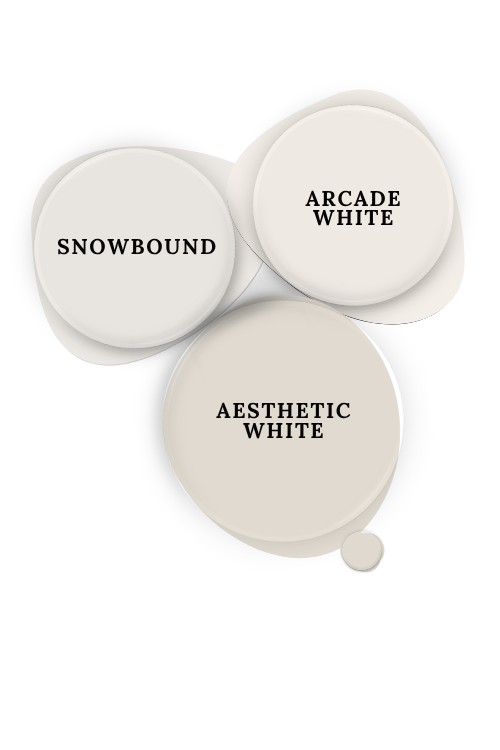 Sherwin Williams Aesthetic White swatched as a paint dot beside the same of coordinating colors Snowbound and Arcade White.
