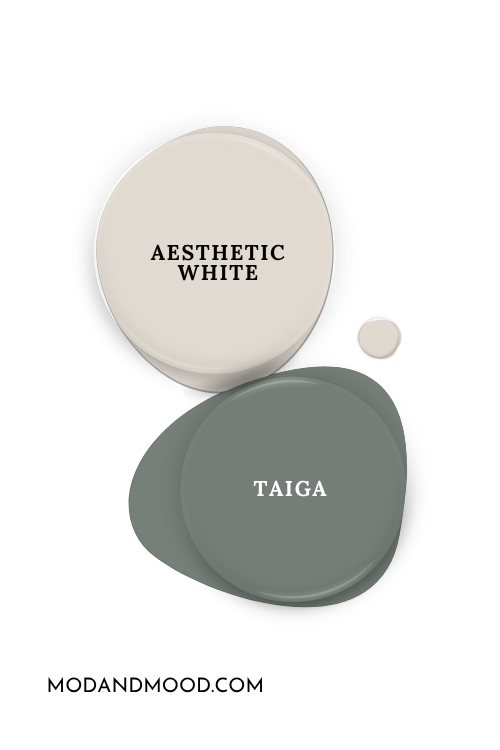 Sherwin Williams Aesthetic White swatched as a paint dot beside the same of coordinating color Taiga