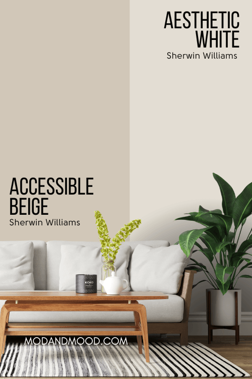 Sherwin Williams Accessible beige on half of a wall and aesthetic white on the other half behind a white sofa.