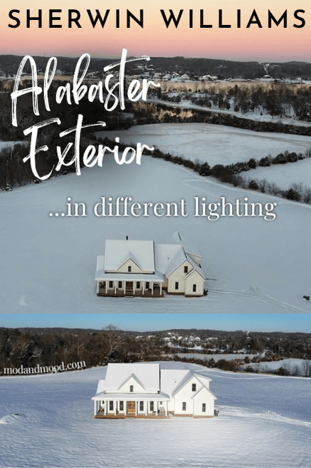 Graphic reads sherwin williams alabaster exterior in different lighting over two photos of the same exterior where it looks warm and creamy in one and blinding white in another.