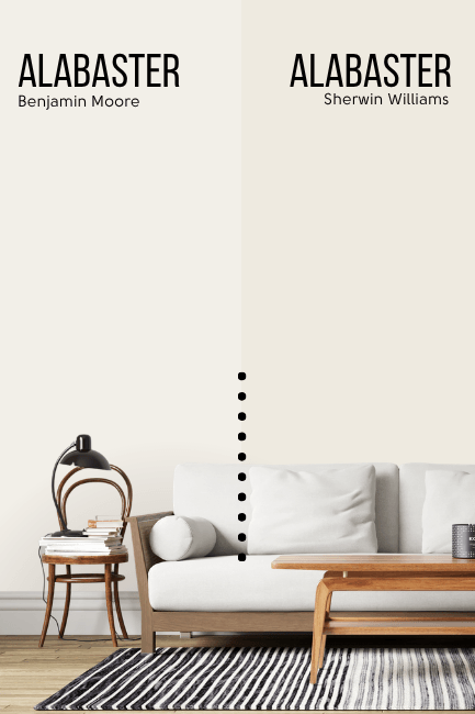 Sherwin Williams Alabaster on half of a wall and Benjamin Moore Alabaster on the other half behind a white sofa.