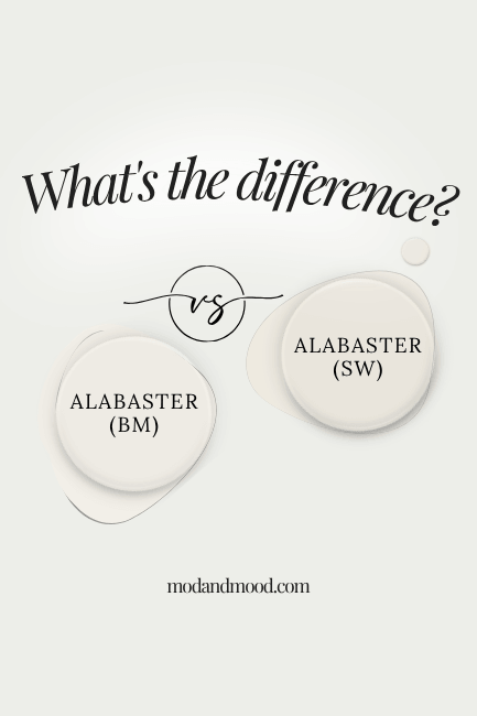 Sherwin Williams Alabaster and Benjamin  Moore Alabaster both as paint dots over a crisp and cooler white.