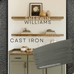Sherwin Williams Cast Iron swatched over a photo of cabinets below floating wood shelves.