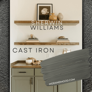 Sherwin Williams Cast Iron swatched over a photo of cabinets below floating wood shelves.