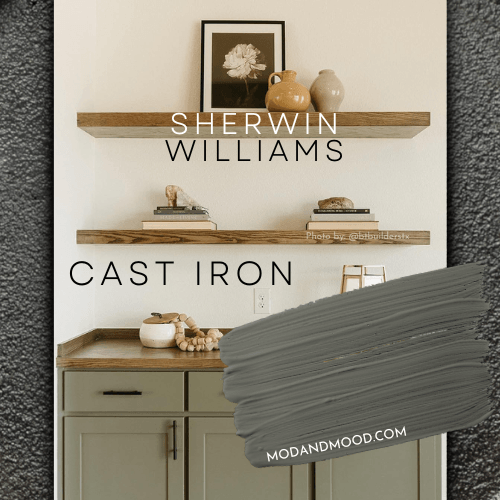 Sherwin Williams Cast Iron swatched over a photo of cabinets below floating wood shelves.