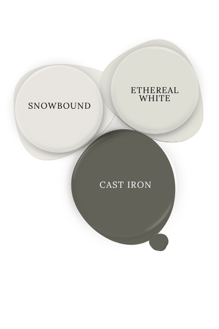 Paint dot of Cast Iron beside coordinating white paint colors Ethereal White and Snowbound.