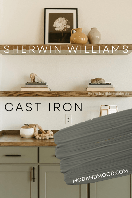 Sherwin Williams Cast Iron on cabinets in a living room with floating shelves.