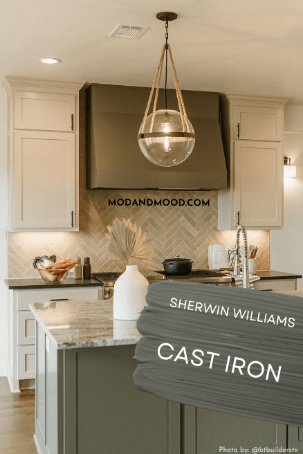 Swatch of Cast Iron on island cabinets and range hood with Shiitake on the rest