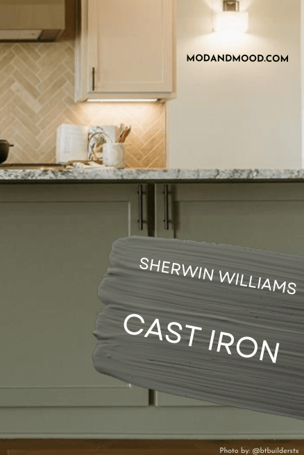 Swatch of Cast Iron over a photo of the color on cabinets