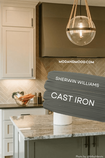 Cast Iron swatched over a photo of the color on cabinets and vent in a kitchen.