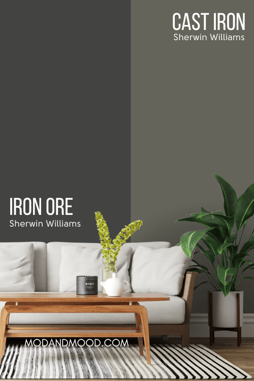 Sherwin Williams Cast Iron on half of a wall and Sherwin Williams Iron Ore on the other half behind a white sofa with a wood frame