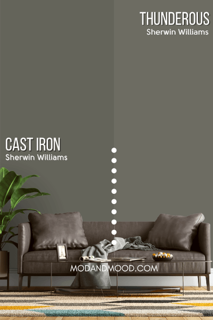 Sherwin Williams Cast Iron on half of a wall and Sherwin Williams Thunderous on the other half behind a gray leather sofa.