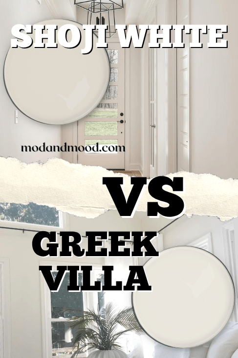 Sherwin williams shoji white in a creamy white hallway and greek villa in an all white living room.