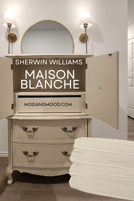 Sherwin Williams Maison Blanche swatched over a photo of the color on a wardrobe.