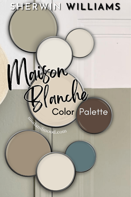 All 7 of the coordinating colors for sherwin williams maison blanche from the post with a sage and cream background