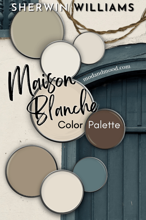 Sherwin williams Maison Blanche in a color palette with 7 coordinating colors over a creamy white stucco house with a teal wooden door.