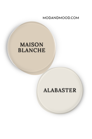 Paint dot of Sherwin Williams Maison Blanche swatched beside the same of coordinating color Alabaster