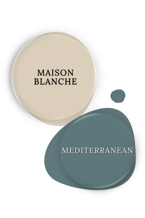 Paint dot of Sherwin Williams Maison Blanche swatched beside the same of coordinating color Mediterranean