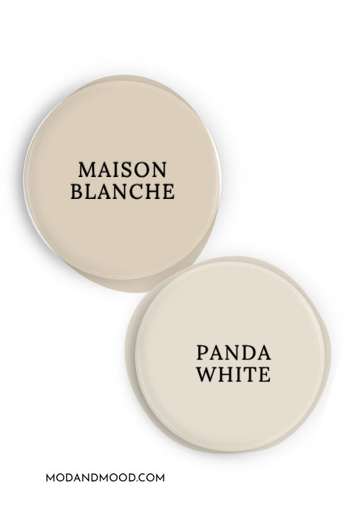 Paint dot of Sherwin Williams Maison Blanche swatched beside the same of coordinating color Panda White
