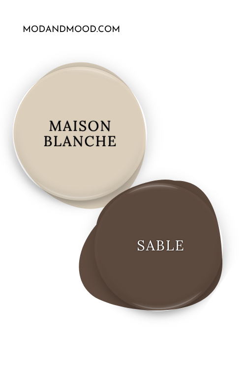 Paint dot of Sherwin Williams Maison Blanche swatched beside the same of coordinating color Sable