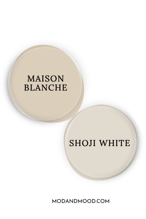 Paint dot of Sherwin Williams Maison Blanche swatched beside the same of coordinating color Shoji White