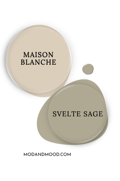 Paint dot of Sherwin Williams Maison Blanche swatched beside the same of coordinating color Svelte Sage