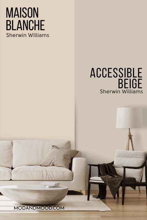 Sherwin Williams Maison Blanche on half of a wall, compared to accessible beige on the other half behind a beige sofa