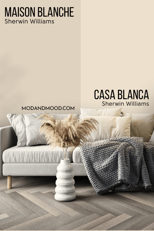 Sherwin Williams Maison Blanche on half of a wall, compared to Casa Blanca on the other half behind a light gray sofa.