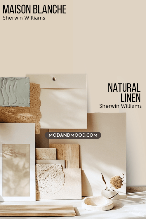 Sherwin Williams Maison Blanche on half of a wall, compared to Natural Linen on the other half behind neutral samples of decor