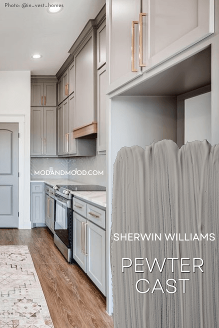 Sherwin Williams Pewter Cast swatched over the color on cabinets