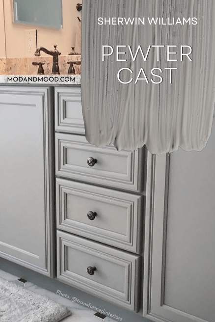 Sherwin Williams Pewter Cast swatched over a bathroom vanity in the color.