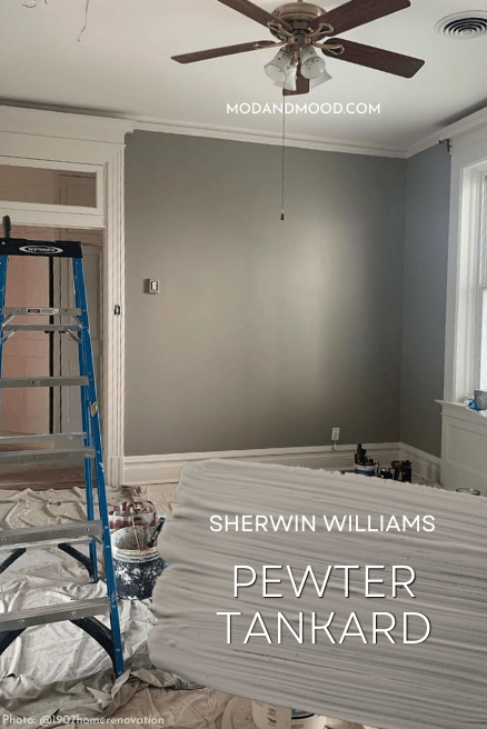 Swatch of Sherwin Williams Pewter Tankard over a photo of the color on living room walls.