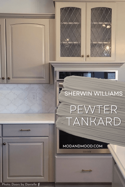 Swatch of sherwin williams Pewter Tankard over a photo of the color on kitchen cabinets.