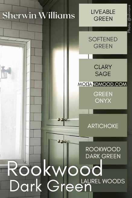 Sherwin Williams color strip for Rookwood Dark green, colors from light to dark are Liveable Green, Softened Green, Clary Sage, Green Onyx, Artichoke, Rookwood dark green, and laurel woods