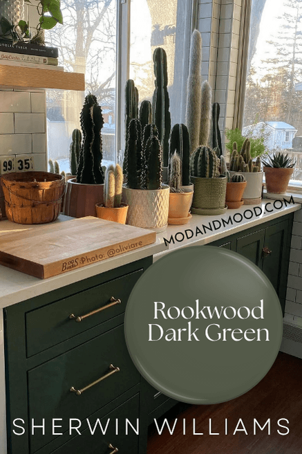 Sherwin Williams Rookwood Dark Green on kitchen cabinets with the color swatched over top.